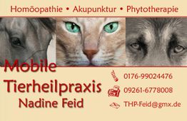 Drei Tierbilder mit Text: Mobile Tierheilpraxis Nadine Feid, Kontaktinfos und Therapien.