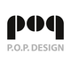 Logo mit Text "P.O.P. DESIGN" in schwarzer und grauer Schrift.