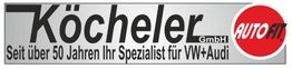 Köcheler GmbH Logo: Seit über 50 Jahren Spezialist für VW und Audi. Beinhaltet rotes Autofit-Logo.