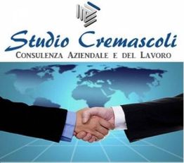 Logo con stretta di mano e mappa del mondo dello Studio Cremascoli, consulenza aziendale.