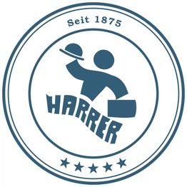 Logo mit Schriftzug "HARRER", Männchen mit Tablett, "Seit 1875", Sterne unten.