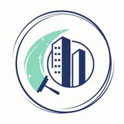 Logo with buildings and a squeegee, enclosed in a circular design.