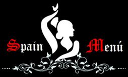 Silueta de bailarina flamenca entre palabras "Spain" y "Menú" en fondo negro.