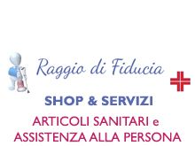 Logo "Raggio di Fiducia" con croce rossa, scritta "SHOP & SERVIZI" e figura stilizzata.