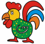 Bunter, gezeichneter Hahn mit grünem Körper, roten Kamm und Schleifen, und buntem Schweif.