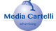 Logo con un delfino blu sopra le parole "Media Cart" e "advertising" su sfondo sfumato.