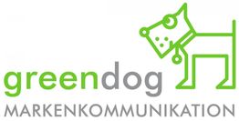 Ein grünes Hundelogo mit dem Text "greendog MARKENKOMMUNIKATION".