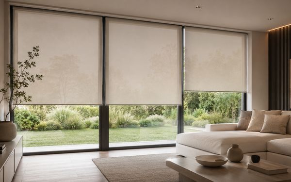 Beige Rollos an bodentiefen Fenstern in einem modernen Wohnzimmer.