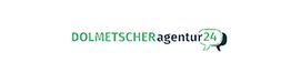 Logo mit Text "DOLMETSCHERagentur24" und einer Sprechblase rechts.