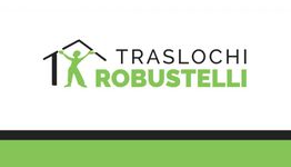 Logo di Traslochi Robustelli con figura stilizzata che regge un tetto. Scritte nere e verdi.
