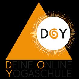 Logo mit orangefarbenem Dreieck, Kreis und "Deine Online Yogaschule"-Text auf schwarzem Hintergrund.