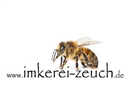 Biene von der Seite auf weißem Hintergrund, darunter die URL "www.imkerei-zeuch.de".