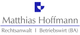 Logo mit blauem Symbol, Text: "Matthias Hoffmann, Rechtsanwalt, Betriebswirt (BA)".