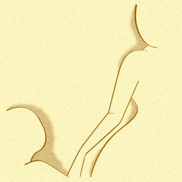 Dibujo minimalista de una silueta femenina con líneas suaves sobre fondo beige.