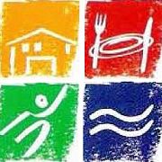 Bunte Quadrate mit Symbolen: Haus, Teller mit Besteck, Sportfigur, Wellen.