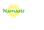 Das Wort "Namasté" in Grün mit einem gelben Sonnensymbol im Hintergrund auf weißem Grund.