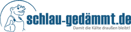 Logo mit Bär und Text: "schlau-gedämmt.de - Damit die Kälte draußen bleibt".