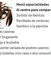 Menú con mariscos, ibéricos, verduras, croquetas, arroz con bogavante y postres caseros.