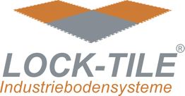 Logo mit Puzzle-Bodenfliesen in Grau und Orange; Text: "LOCK-TILE Industriebodensysteme".