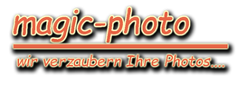 magic-photo Logo mit Slogan: "wir verzaubern Ihre Photos" in orange auf schwarzem Hintergrund.