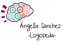 Ilustración de engranajes coloridos y texto "Ángela Sánchez - Logopeda".