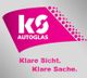 Logo von KS Autoglas in Pink mit dem Slogan „Klare Sicht. Klare Sache.“ auf grauem Hintergrund.