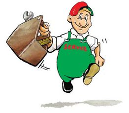 Comicfigur mit grüner Latzhose und roter Mütze trägt einen Werkzeugkasten, Aufschrift "Service".