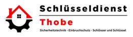 Logo mit Haus und Zahnrad, Text: "Schlüsseldienst Thobe", Sicherheitstechnik und Einbruchschutz.