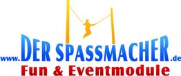 Logo von "Der Spassmacher" mit Schriftzug "Fun & Eventmodule" und einer Person beim Bungee-Springen.