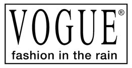 Texto de Vogue: "fashion in the rain" en rectángulo blanco y negro.