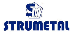Logotipo de Strumetal en azul con las letras "SM" estilizadas encima.