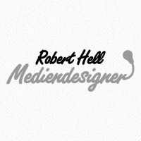 Textlogo: "Robert Hell Mediendesigner" in stilisierter Schrift auf weißem Hintergrund.
