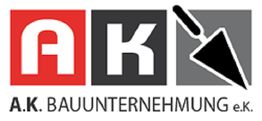 Logo mit den Buchstaben A und K sowie einer Kelle, darunter steht "A.K. BAUUNTERNEHMUNG e.K."