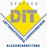 Logo mit gelbem Diamant und blauem Text: "Lüftungstechnik Laserschneiden Blechbearbeitung".