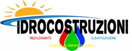 Logo di Idrocostruzioni con sole, simboli di gocce e scritte: riscaldamento, climatizzazione.