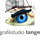 Abstraktes Logo mit einem blauen Auge und der Aufschrift "grafikstudio lange".
