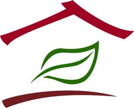 Abstraktes Logo mit grünem Blatt unter einem stilisierten roten Hausdach.
