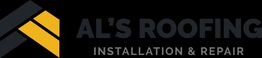 Logo for Al's Roofing Installation & Repair with a black and yellow roof graphic.