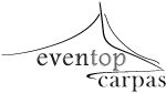 Diseño de logotipo con texto "eventop carpas" y dibujo de una carpa estilizada.