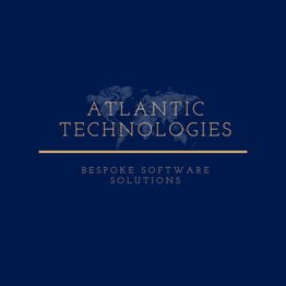 Logo azul con texto: "Atlantic Technologies", "Bespoke Software Solutions", mapa mundial de fondo.