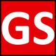 Weiße Buchstaben "GS" auf rotem Hintergrund.