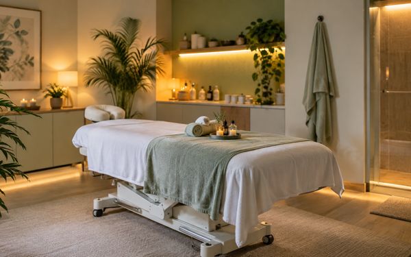 Elektrische Massageliege in einem hellen Massageraum mit salbeigrünen Akzenten, indirekter Beleuchtung und Zimmerpflanzen.