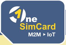 Logo with text "One SimCard M2M IoT" on a blue and yellow background.
