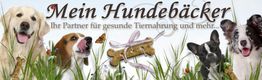 Vier Hunde, Knochenleckerli im Gras, Text: "Mein Hundebäcker - Ihr Partner für gesunde Tiernahrung".