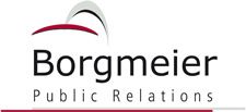Logo mit Text: "Borgmeier Public Relations" und grafischem Element in Rot und Grau.