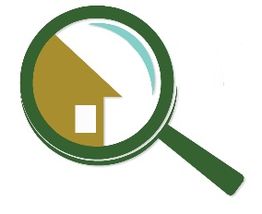 Vergrößerungsglas über einem Hausdachsymbol, das ein Such- oder Prüfkonzept zeigt.