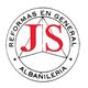 Logo circular con letras "JS" en rojo. Texto alrededor: "Reformas en general, albañilería".