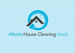 Logo with a house, cleaning brush, and text: "Atlanta House Cleaning Maid" on a light blue background.