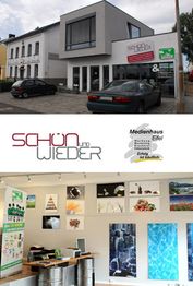 Geschäftsgebäude außen und innen mit Logos und Wanddekorationen.