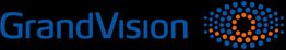 Logo di GrandVision su sfondo nero, con scritta blu e design a cerchi arancioni e blu.